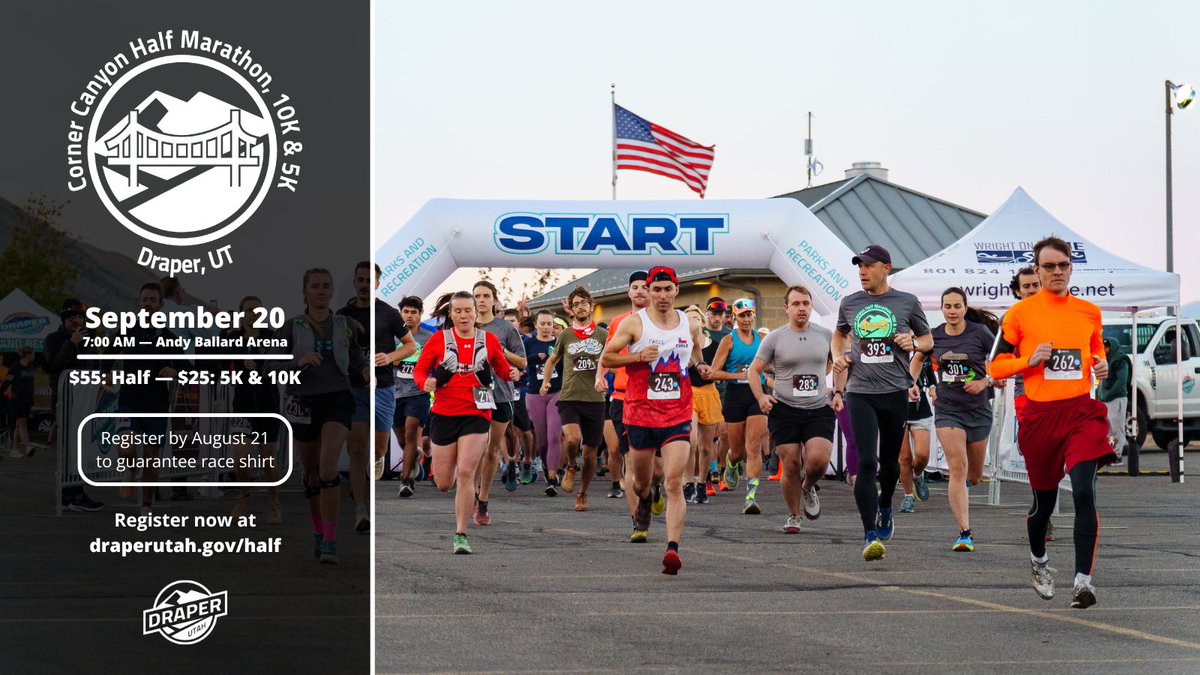 The Corner Canyon Half Marathon is two months away! Complete registration by August 21 to guarantee your race shirt. Sign up for the 5K, 10K, or Half Marathon to cement your place in what is fast becoming a beloved Draper tradition.

Register now at draperutah.gov/half