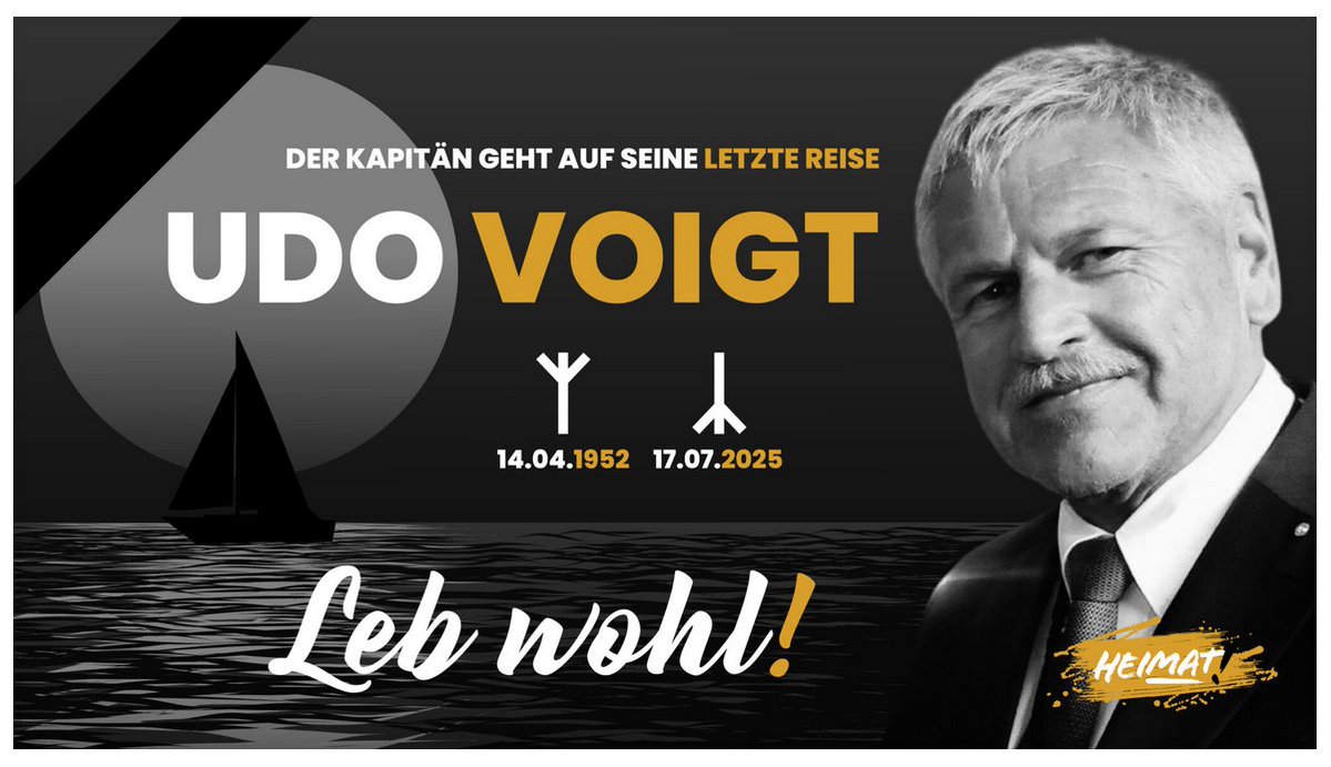 BRechercheteam's tweet image. Tja! Der mehrfach verurteilte Volksverhetzer #UdoVoigt (14. April 1952 bis 17. Juli 2025), ehem. Vorsitzender der #NPD und langjähriges Mitglied des Europäischen Parlaments, hat sein Kapitel "Leben" beendet! Na dann... mal Servus! #DieHeimat #Heimat
