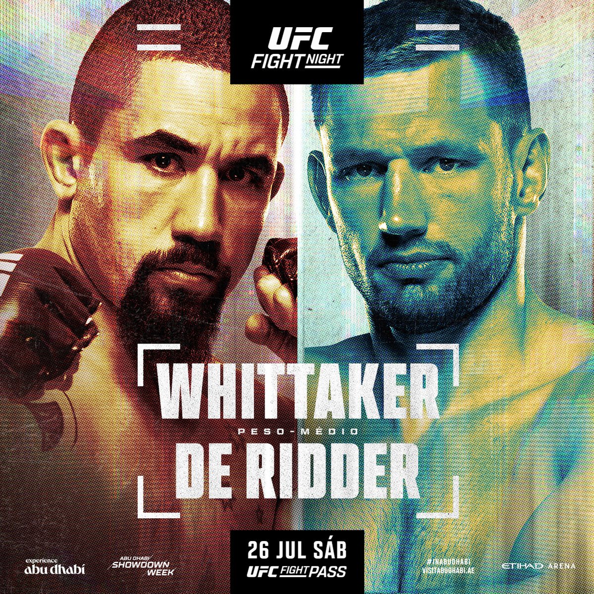 UFCBrasil's tweet image. 📍 #UFCAbuDhabi
🇦🇺 @RobWhittakerMMA 🆚 Reinier de Ridder 🇳🇱
🇧🇷 @AmandaRibasUFC, @TabathaRicci, @TheLionMiranda
e @MarcusBuchecha
🗓️ Sábado, 26 de julho
⏰ 13h (horário de Brasília)
📺 Exclusivo no @UFCFightPassBR.