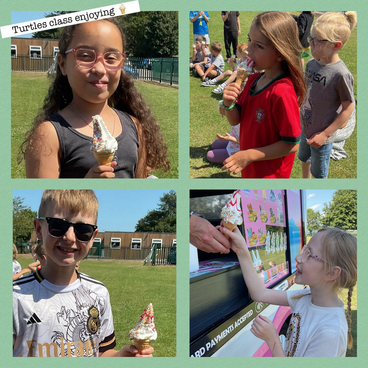 CloverfieldsSch's tweet photo. Turtle class enjoying their ice creams 🍦. Such a special treat and a fab way to spend our last day with our current class 🍀💚 #Cloverfieldsexperiences https://t.co/n0sFNlcDzp