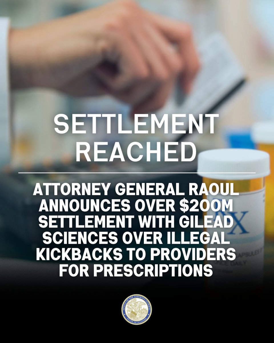 ILAttyGeneral's tweet image. Illegal incentives given to providers for prescribing Gilead’s medications reduced competition and led to increased costs for taxpayers. I’m pleased to join my colleagues in securing this settlement: tinyurl.com/cdxjnvza