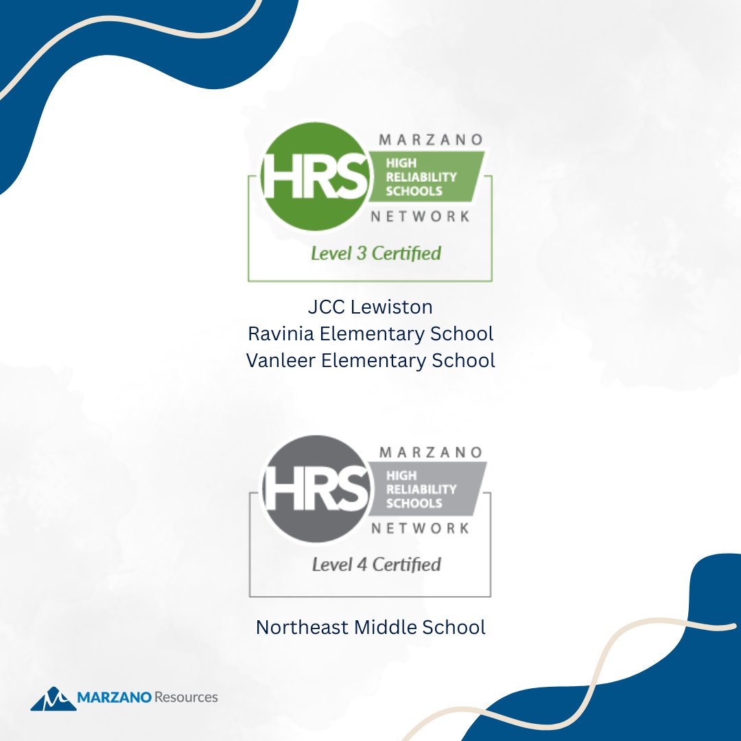 Sending a shoutout to all the schools who achieved a new level of #HighReliabilitySchools certification this month! 🤩 We’re thrilled to recognize your unwavering focus on continuous improvement! bit.ly/4nHyt5u

#MarzanoResources #HRSCertified #SchoolImprovement #K12