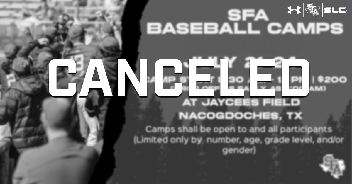 SFA_Baseball's tweet image. Our camp originally scheduled from July 21st-24th has been canceled. Be on the lookout for Fall Camps!

#AxeEm