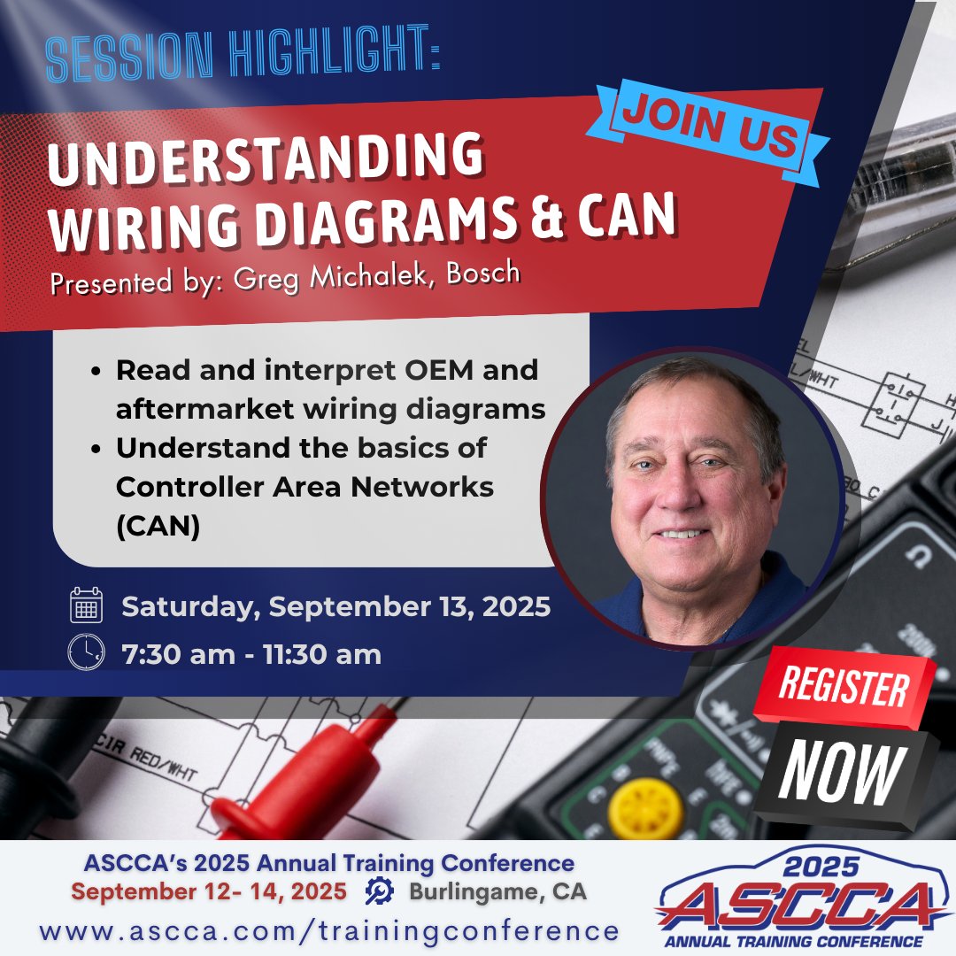 Join us at ASCCA's Annual Training Conference!
📅 September 12-14, 2025 | 📍 Burlingame, CA

⭐ Session Highlight: Understanding Wiring Diagrams &amp; CAN
Presented by: Greg Michalek, Bosch

➡️ Register today: ow.ly/k3Ft50Wrsvc
➡️ Read more: ow.ly/CAEC50Wrsve

#ASCCA