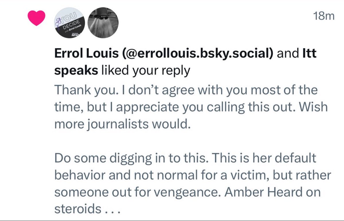 Why are you liking smears of this victim? Particularly as you pretend to cover her abuser as a journalist?  Is this how you do journalism <a href="/errollouis/">Errol Louis (@errollouis.bsky.social)</a>?  @ny1? Isn’t this some kind of violation of your job? Code of professional conduct?