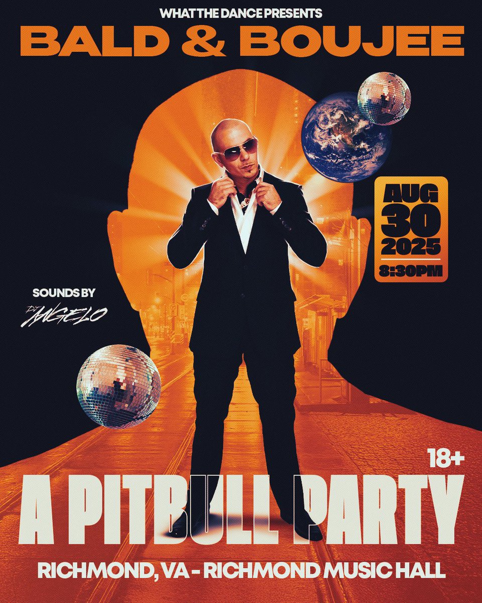 Just announced + on sale! BALD &amp; BOUJEE: A Pitbull Themed Party (18+) at Richmond Music Hall Saturday, August 30th. 🕺 😎
