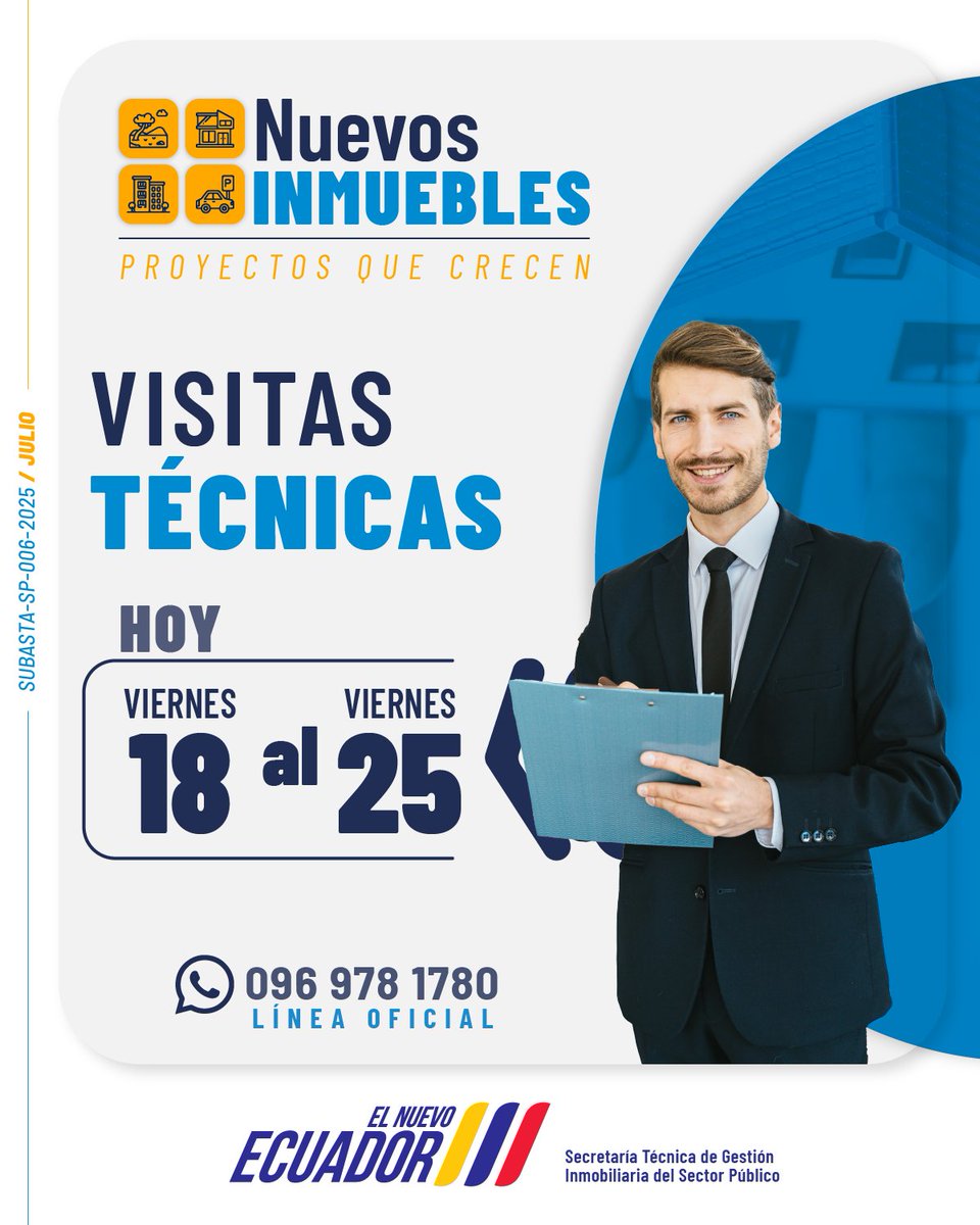 inmobiliarec's tweet photo. #Inmobiliar, tus bienes
¡Estamos listos para la #SubastaInmobiliar de Bienes Inmuebles!
Asiste a las #VisitasTécnicas del 1⃣8⃣ al 2⃣5⃣ de julio y conoce los #NuevosInmuebles. 🏘️
🔗https://t.co/nifvWFFiGw
Escríbenos y agenda tu cita:
📲https://t.co/X3J1AcAgN2
#ElNuevoEcuador https://t.co/cYGXmxOi6J