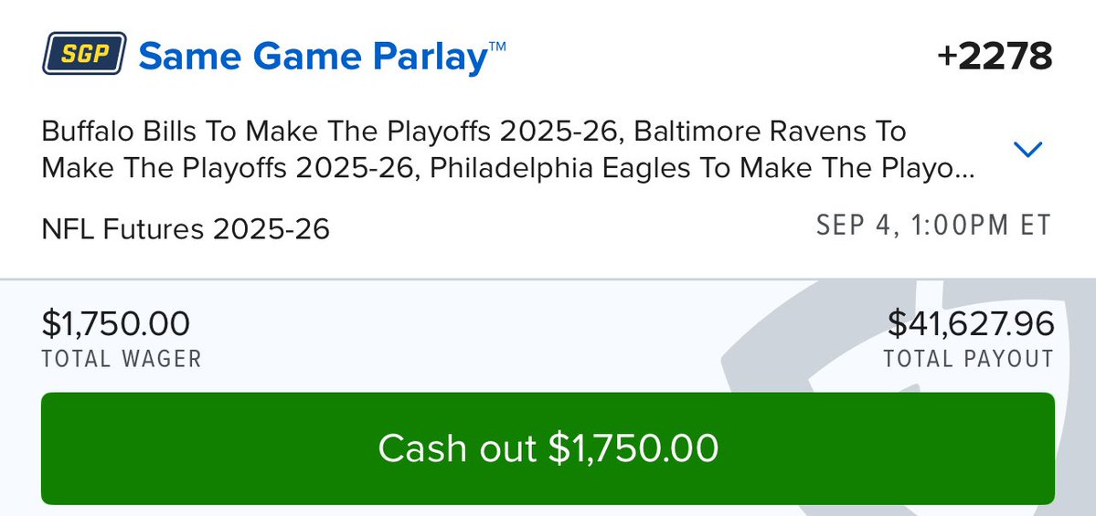 talkbets101's tweet image. $1750 —-> $41,628 NFL Futures parlay!
I’ve never been so confident in a play with this type of odds, who wants it? 100 Likes + RT and I’ll post it.