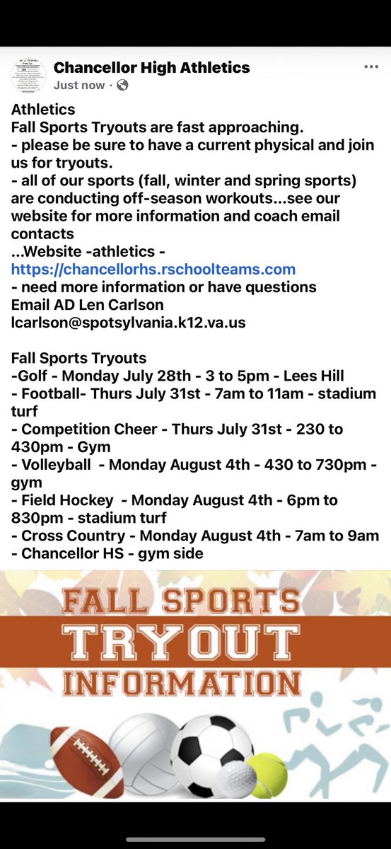 Fall Sports Tryouts are fast approaching
- please be sure to have a current physical &amp; join us for tryouts
- all of our sports are conducting off-season workouts
-see our website for more information and coach email contacts
…Website -athletics -
chancellorhs.rschoolteams.com