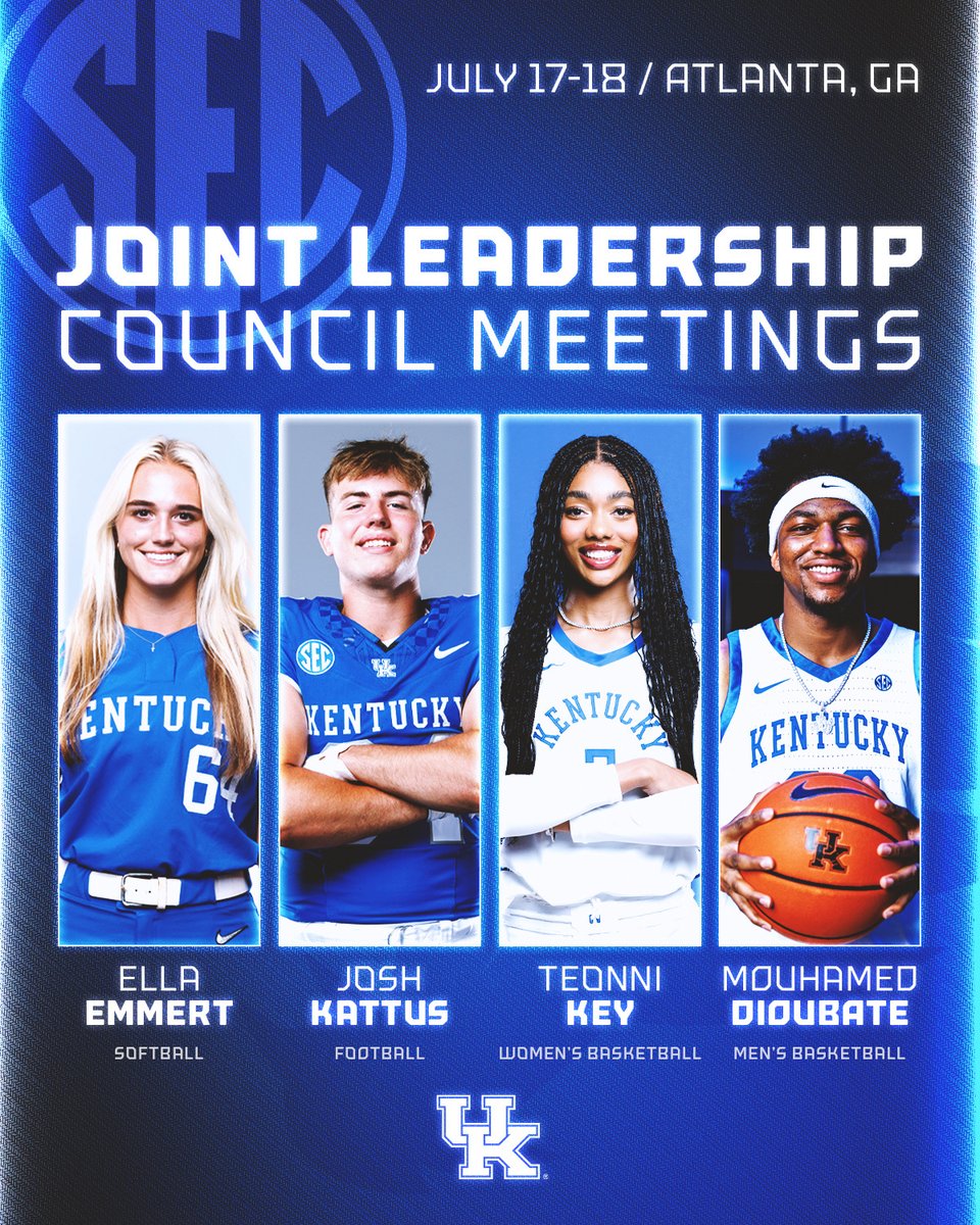 UKAthletics's tweet image. Four Wildcats will be representing Kentucky at the @SEC Leadership Council in Atlanta, Georgia! 🫡
@UKsoftball x @EllaEmmert
@UKFootball x @JKattus
@KentuckyWBB x @Tkey__13
@KentuckyMBB x @MoDioubate
Full Release - bit.ly/4m0x9Jk