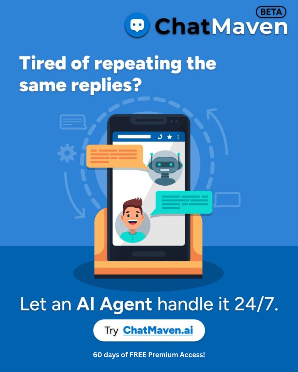 chatmaven_ai's tweet image. With ChatMaven, you can automate replies, capture leads, and support customers even while you sleep.

💬 No coding. Fully customizable.
🚀 FREE for 60 days → ChatMaven.ai

#AIAgent #CustomerSupportAutomation #NoCodeTools #ChatMaven #24x7Support #Futuristic5 #chatbot