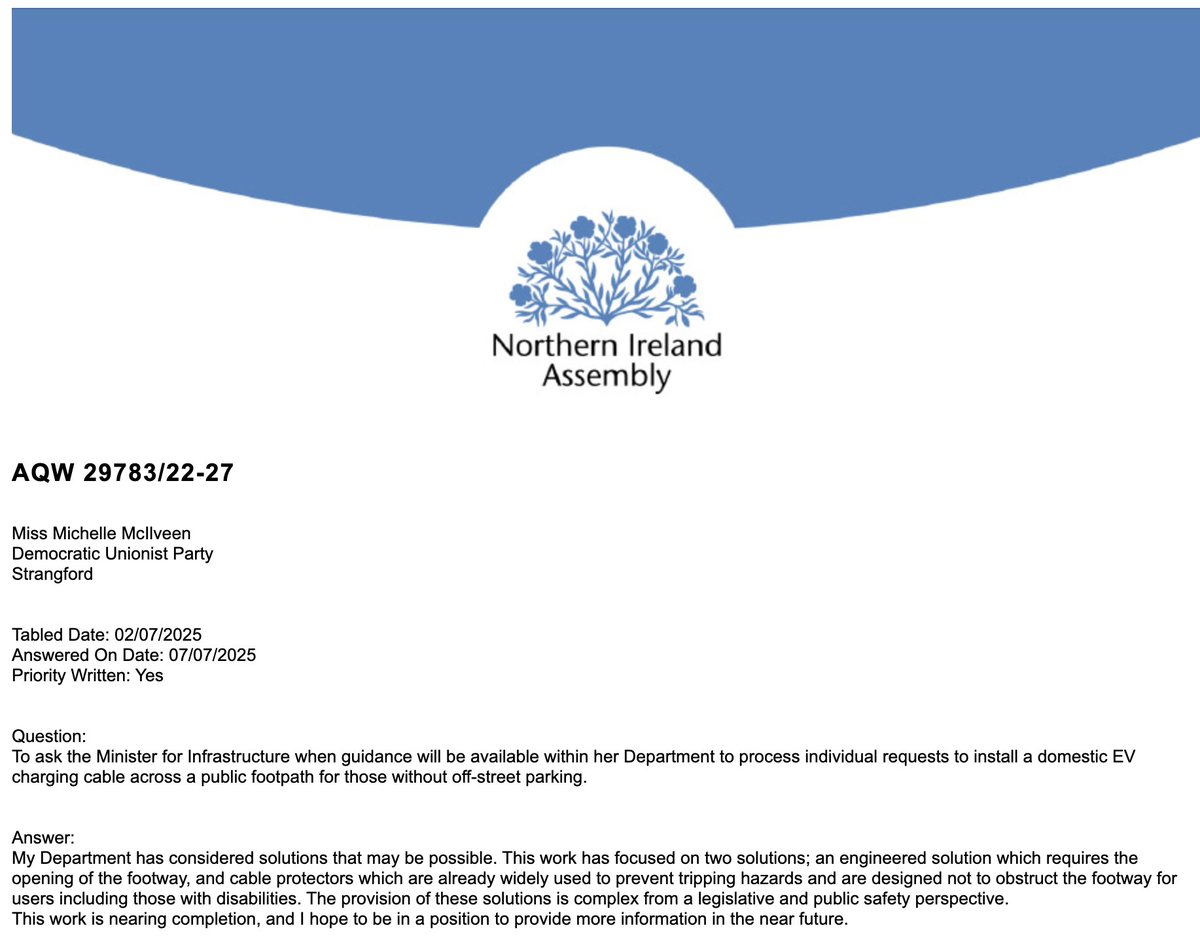EVANI - Electric Vehicle Association NI (@nievowners) on Twitter photo Written confirmation from the Department for Infrastructure Minister that we're edging closer to the approval of cross-pavement EV charging solutions in Northern Ireland...
🚗⚡️#EVANI <a href="/deptinfra/">Department for Infrastructure</a> #CrossPavementCharging Written confirmation from the Department for Infrastructure Minister that we're edging closer to the approval of cross-pavement EV charging solutions in Northern Ireland...
🚗⚡️#EVANI <a href="/deptinfra/">Department for Infrastructure</a> #CrossPavementCharging