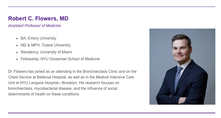 NYULangonePCCSM's tweet image. We’re thrilled to welcome our former Chief Fellow, Dr. Robert Flowers, to the faculty as Assistant Professor of Medicine starting this July! He'll be caring for patients at @BellevueHosp & @nyulangone-Brookly & continuing his work in bronchiectasis & health equity. 👏 #PCCM