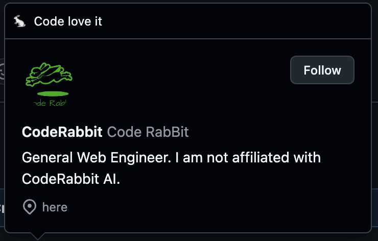 RalphEcom's tweet image. We just installed Coderabbit on @TaskmasterAI and there is this thing where you can tag @\coderabbit review,

But everytime you do that, you&apos;re tagging a github user called coderabbit, its hilarious, poor guy.

He even had to add &quot;Not affiliated with coderabbit ai&quot; 🤣