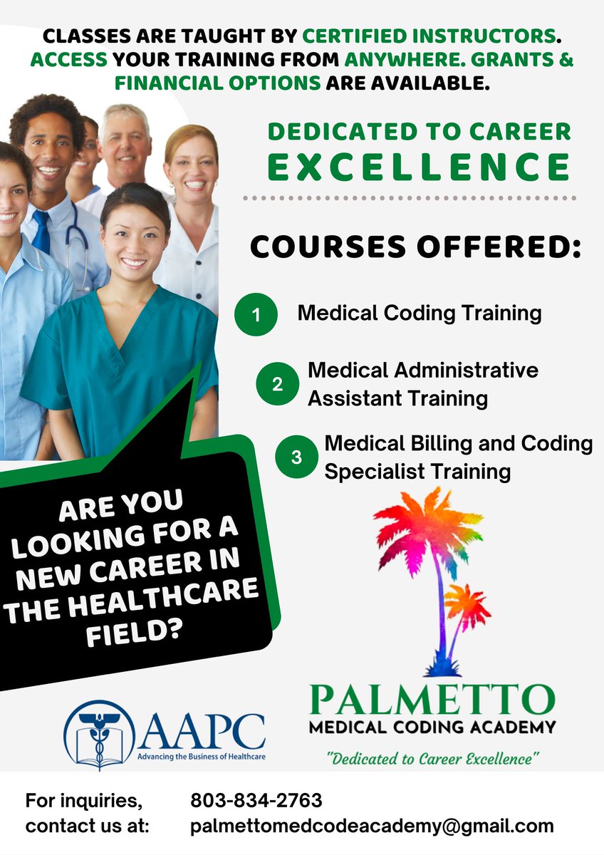 For inquiries, contact Palmetto Medical Coding Academy at 803-834-2763 or palmettomedcodeacademy@gmail.com

Be sure to share this career-based, educational opportunity with graduating high school students interested in medical coding!

#ctetuesday #medicalcoding #palmettostate