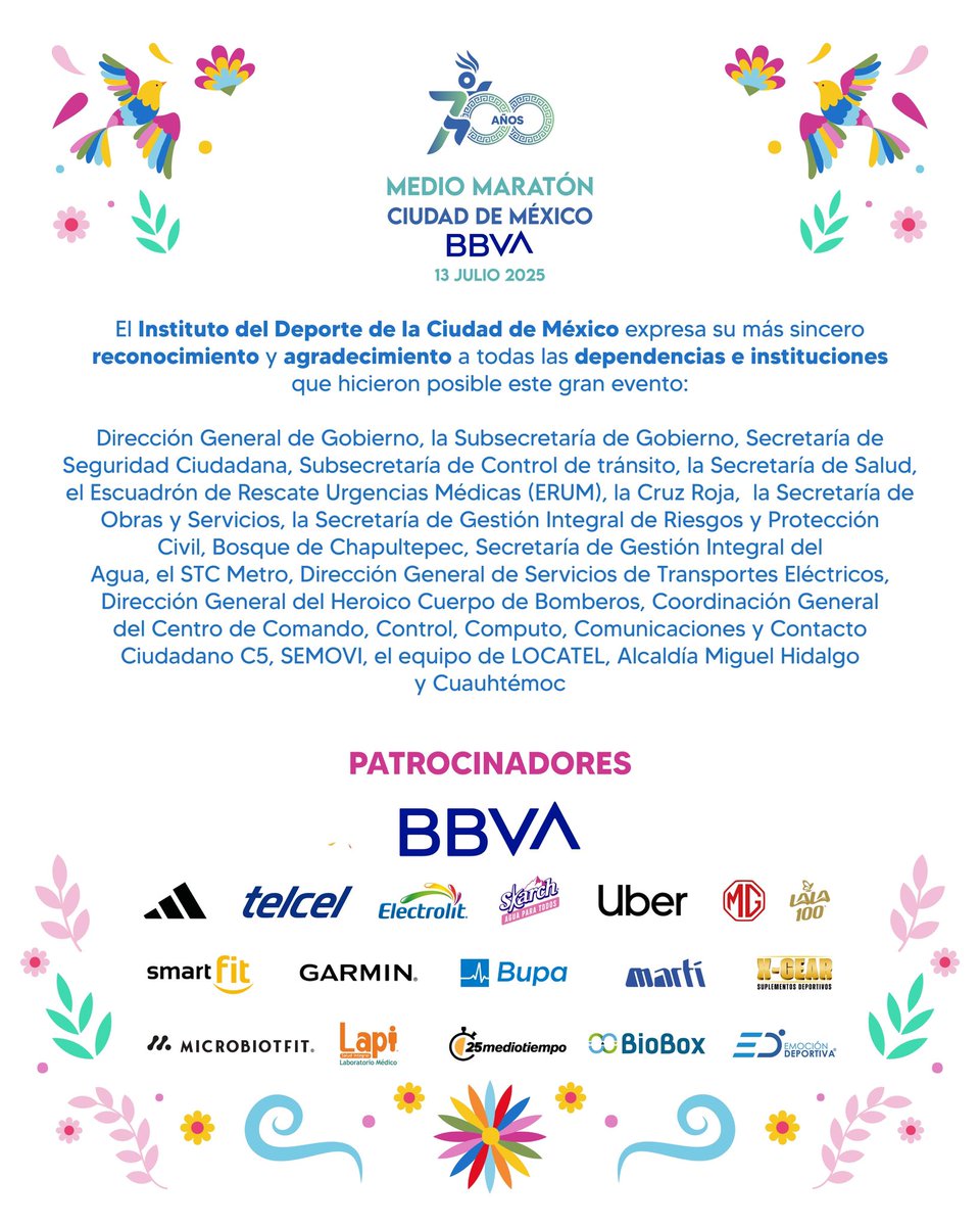 🙏 ¡Gracias a todas y todos los que hicieron posible este gran evento!❤️
Cada paso, esfuerzo y apoyo sumó para lograrlo. ¡Fue un trabajo en equipo inolvidable! 🏁🥳👏

#MedioMaratónDeLaCiudadDeMéxicoBBVA2025
#CapitalDeLaTransformación
#LaCiudadMásDeportiva