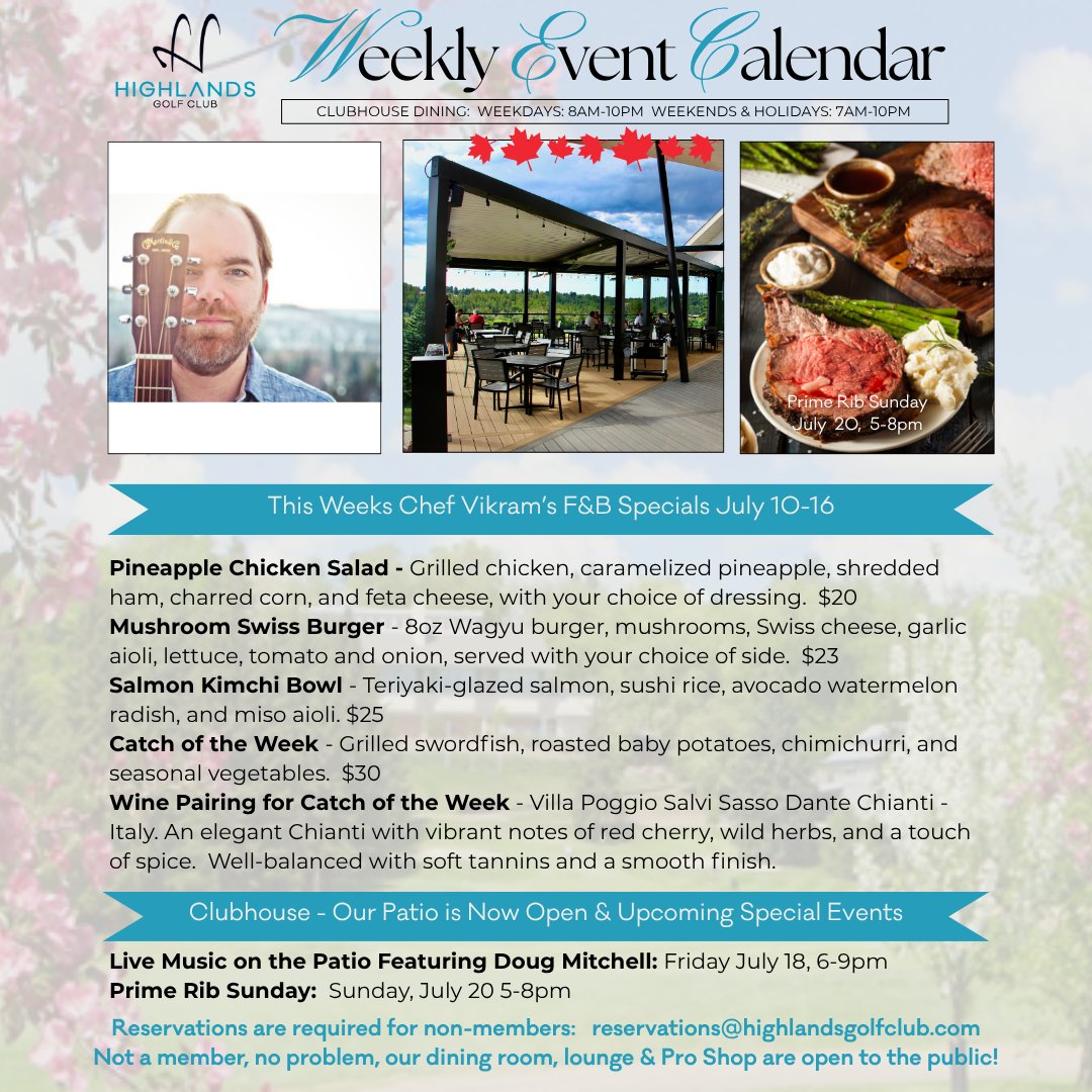 🎶LIVE MUSIC IS BACK!
We are excited to announce that this Friday douglasmitchell.ca  is performing on our patio from 6-9pm!
Not a member, no problem, our Clubhouse, Lounge and Pro Shop are open to the public.
Non-members reservations :
💌reservations@highlandsgolfclub.com