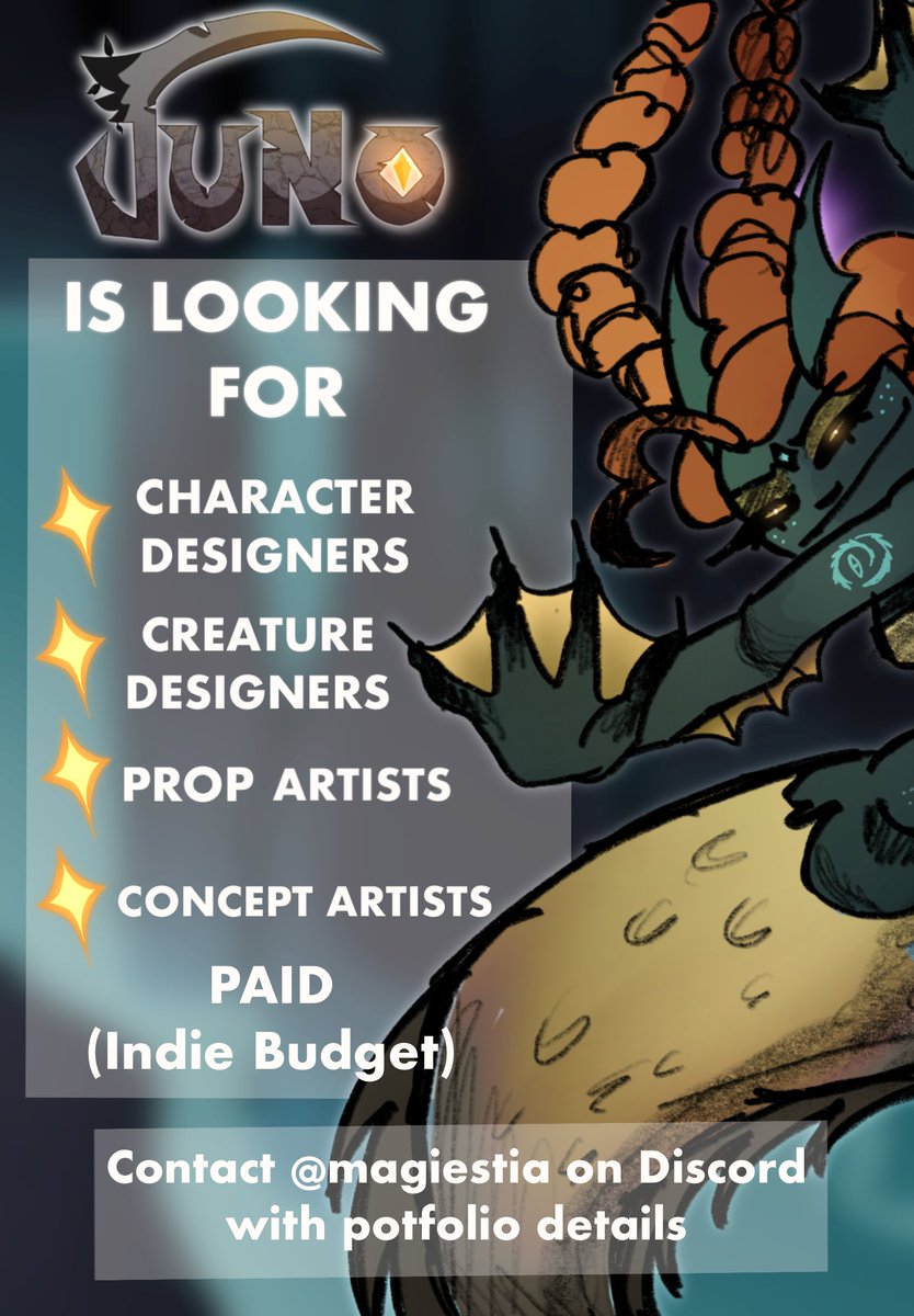 JUNO IS LOOKING TO EXPAND ITS CREW! 

Lots of positions open until JULY 25th! Message on Discord with portfolio details if interested! Keep in mind, this project has an indie budget.

#indieanimation #animation #2Danimation