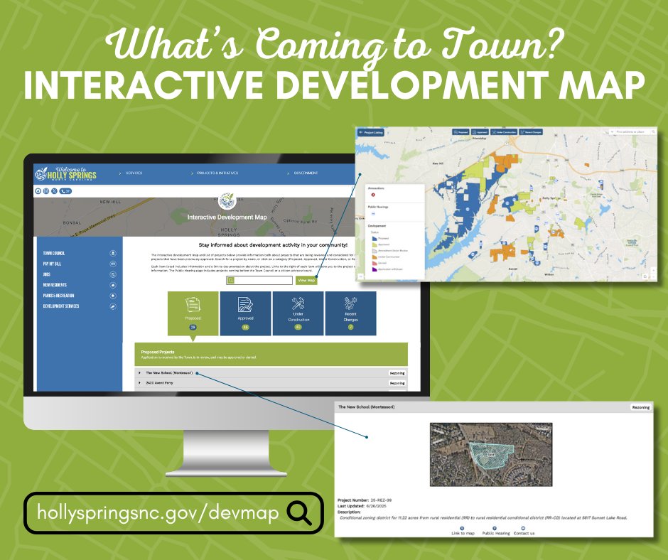 Town of Holly Springs, NC (@tohollysprings) on Twitter photo Ever wondered what new development projects could be coming to Holly Springs or driven past a construction site & wondered what is being built? The Town has launched a new interactive tool that provides an array of development activity info! More info ➡️ bit.ly/3IObi9w Ever wondered what new development projects could be coming to Holly Springs or driven past a construction site & wondered what is being built? The Town has launched a new interactive tool that provides an array of development activity info! More info ➡️ bit.ly/3IObi9w