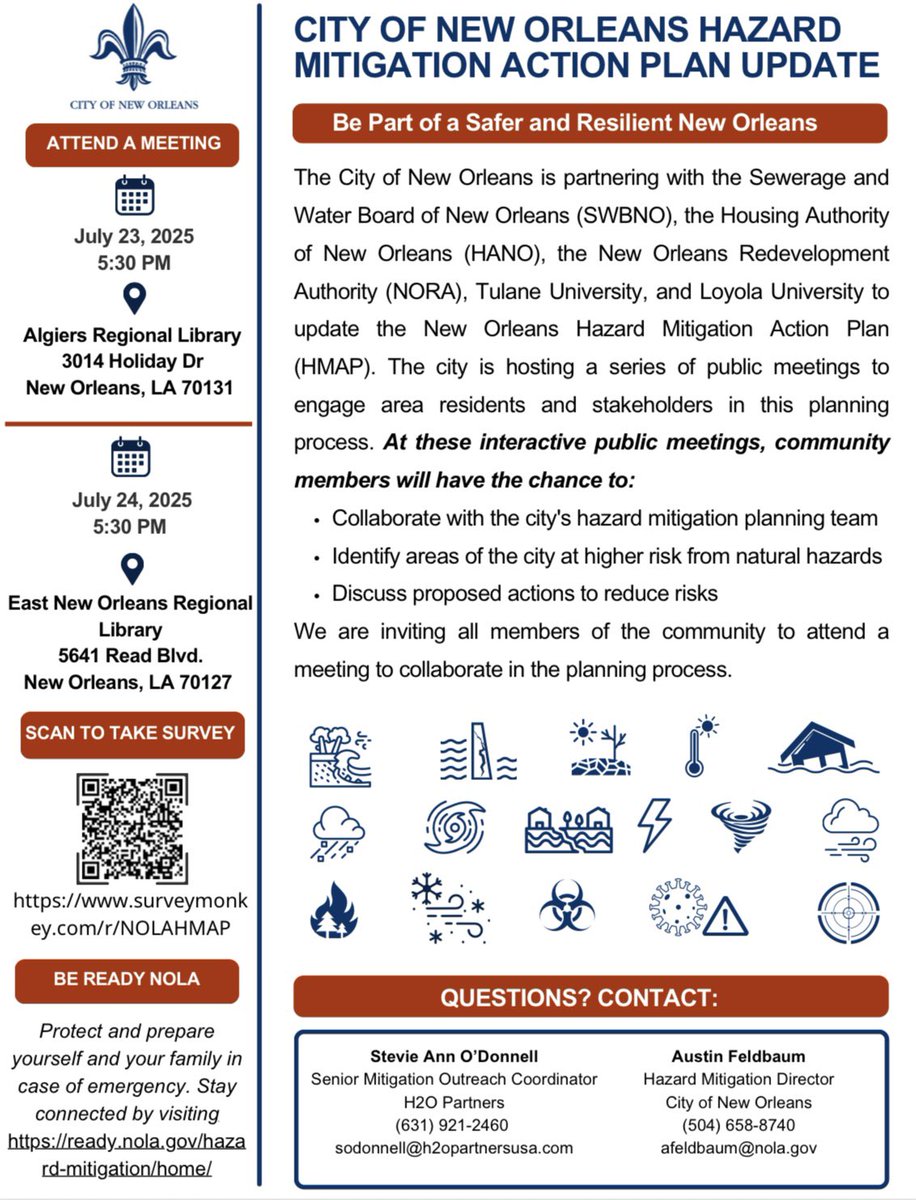 nolaready's tweet image. Community members are encouraged to attend and help identify areas of the city at higher risk from natural hazards and discuss proposed actions to reduce risks. Feedback from the public helps shape the action items and ensures the plan reflects community priorities.