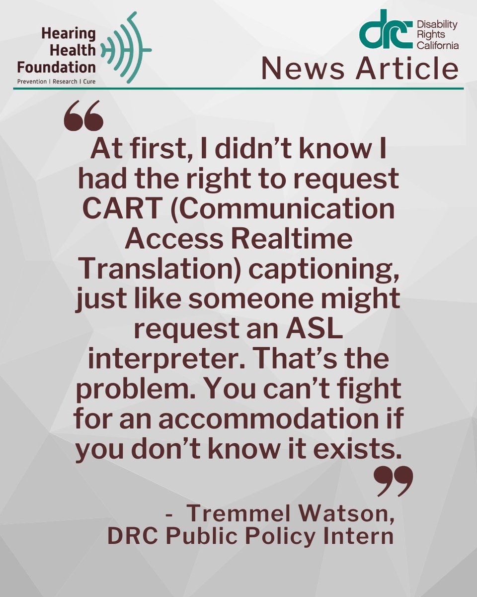 DisabilityCA's tweet image. DRC's Public Policy Intern Tremmel Watson recently wrote a great article for the Hearing Health Foundation about his lived experience and importance of access to CART (Communication Access Realtime Translation).
Tremmel speaks honestly about his experience as a late-deafened…