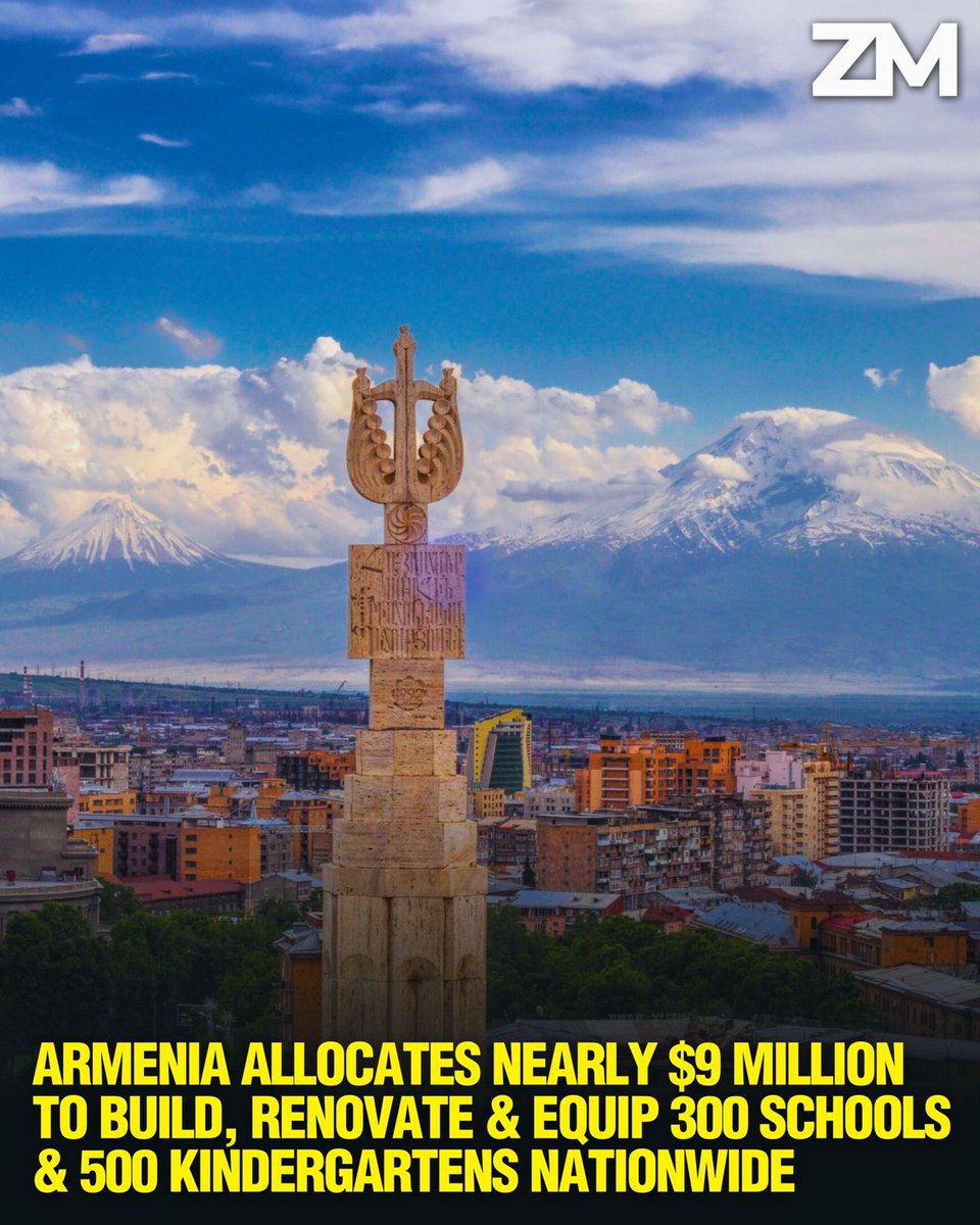 ZartonkMedia's tweet image. 🇦🇲 Armenia Allocates Nearly $9 Million to Build, Renovate, and Equip 300 Schools and 500 Kindergartens Nationwide
➖➖➖
The Armenian government has approved the allocation of over 3.4 billion drams (approximately $8.9 million) to support the construction, renovation, and…