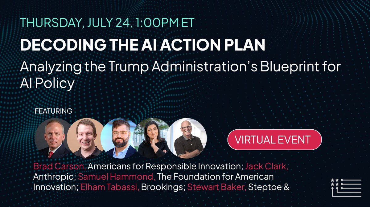 americans4ri's tweet image. Join ARI and top AI and policy experts for a virtual panel on the Trump Administration's AI Action Plan.
On July 24, at 1PM ET, our panel including @jackclarkSF, @hamandcheese, Elham Tabassi, and @stewartbaker will dig into the Admin's plan.
RSVP: zoom.us/webinar/regist…