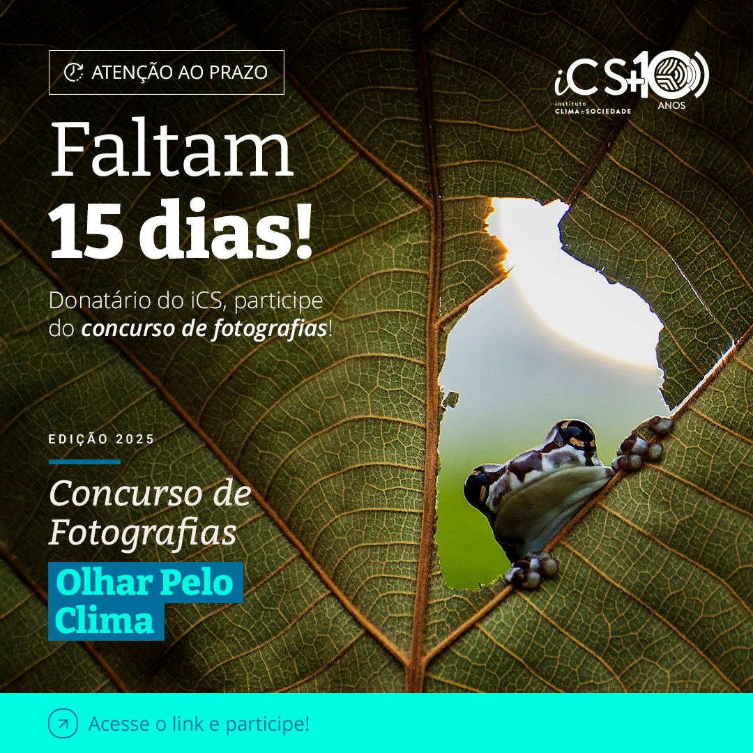 Donatário do iCS, você já inscreveu uma ou mais fotografias no concurso de fotografia Olhar pelo Clima?
O prazo termina em 15 dias, no dia 31 de julho. Mostre o trabalho que tem sido realizado em seu território para lidar com as mudanças climáticas. ics.fotospublicas.com