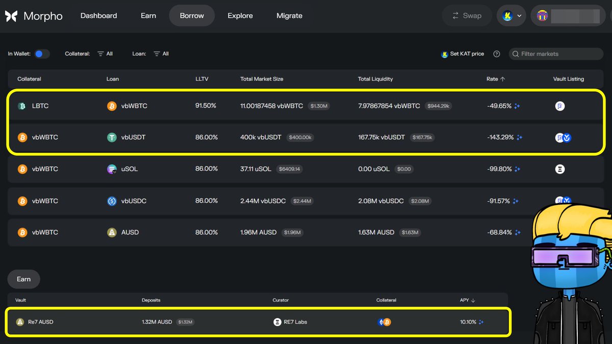 0xJarod's tweet image. You won't find better yields for BTC outside of @katana 🌾
How to get 210% APY on BTC:
1️⃣ Mint/Bridge LBTC to Katana with @Lombard_Finance
- E.g. $1000 in LBTC
2️⃣ Go to @MorphoLabs. Borrow from LBTC/vbWBTC (LLTV: 91.5%) for 50% APY (KAT 43% + MORPHO 22% - Interest 15%)
- Since…