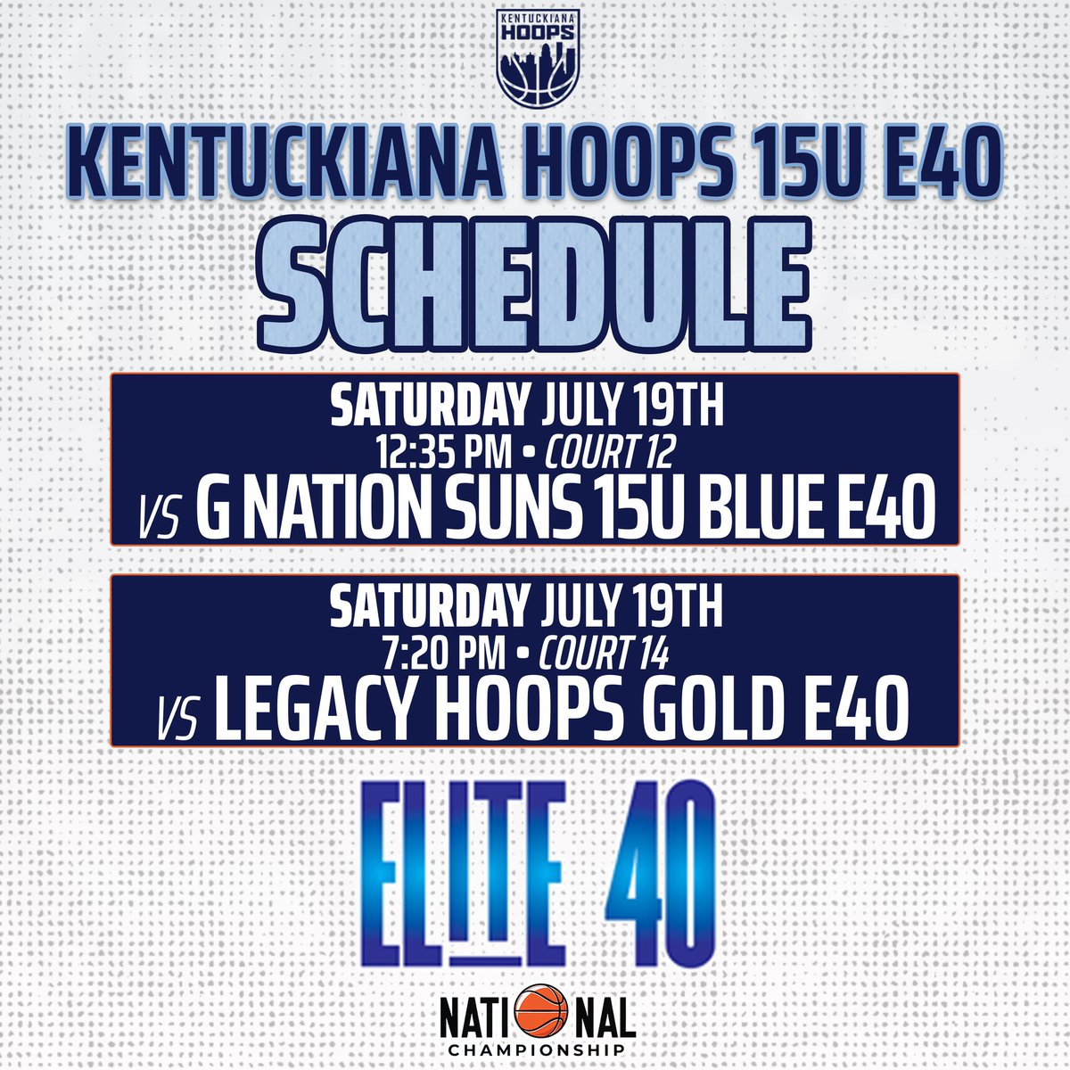 Kentuckiana Hoops Girls AAU (@kyin_hoops_gbb) on Twitter photo Schedules for our THREE <a href="/Elite40League/">Elite 40 League</a> teams for this weekend in Louisville.
Kentuckiana Hoops Teams Competing:
Class of 2026 17U
Class of 2027 16U
Class of 2028 15U
These teams are loaded with talent and well worth the watch!
Schedules can change, we will update as needed. Schedules for our THREE <a href="/Elite40League/">Elite 40 League</a> teams for this weekend in Louisville.
Kentuckiana Hoops Teams Competing:
Class of 2026 17U
Class of 2027 16U
Class of 2028 15U
These teams are loaded with talent and well worth the watch!
Schedules can change, we will update as needed.