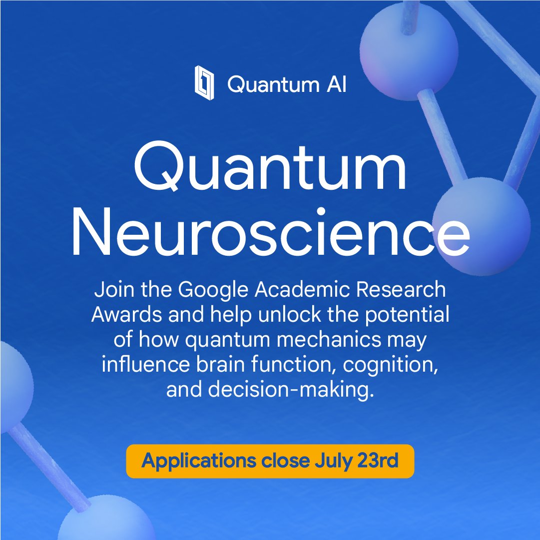 GoogleQuantumAI's tweet image. Calling researchers at the frontier of quantum biology and neuroscience:
Google’s Academic Research Awards are accepting proposals in Quantum Neuroscience through July 23rd. Learn more and apply here → goo.gle/455sLDb