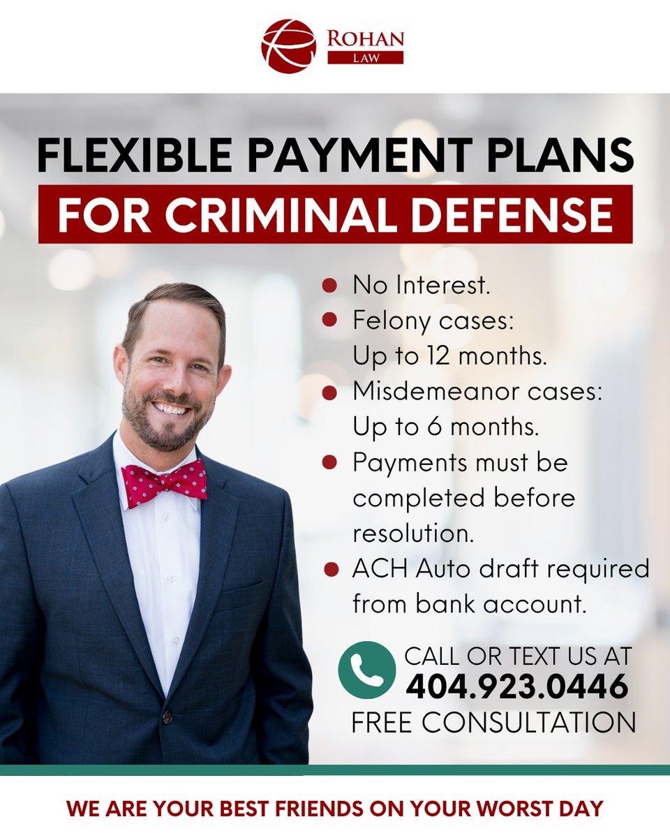 RohanLawPC's tweet image. Rohan Law makes high-quality #criminaldefense accessible with Flexible Payment Plans. Your future is worth fighting for—contact us today to secure the defense you deserve. We are your best friends on your worst day!
Call or text at 📱404.923.0446 for your FREE consultation.