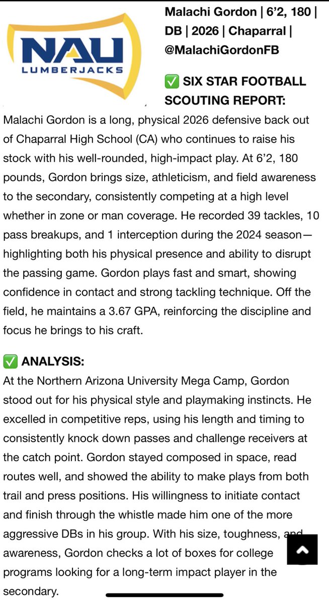 Malachi Gordon (@malachigordonfb) on Twitter photo Thank you <a href="/sixstarfootball/">Six Star Football | PLUS+</a> for the write up! Continuing to try and put my name out there with the college camps!
<a href="/chaparralpumafb/">Chaparral Puma Football</a> <a href="/Coach_Ramer/">Coach Ramer</a> <a href="/GregBiggins/">Greg Biggins</a> <a href="/CoachDeeWR/">D’Vonte McKneely</a> <a href="/DbHathorn/">DBHathorn</a> <a href="/CoachMcKenzie3/">Coach McKenzie</a> <a href="/coach_jpayne/">Jason Payne</a> <a href="/PGregorian/">Paul Gregorian</a> <a href="/CSAPrepStar/">PREPSTAR</a> Thank you <a href="/sixstarfootball/">Six Star Football | PLUS+</a> for the write up! Continuing to try and put my name out there with the college camps!
<a href="/chaparralpumafb/">Chaparral Puma Football</a> <a href="/Coach_Ramer/">Coach Ramer</a> <a href="/GregBiggins/">Greg Biggins</a> <a href="/CoachDeeWR/">D’Vonte McKneely</a> <a href="/DbHathorn/">DBHathorn</a> <a href="/CoachMcKenzie3/">Coach McKenzie</a> <a href="/coach_jpayne/">Jason Payne</a> <a href="/PGregorian/">Paul Gregorian</a> <a href="/CSAPrepStar/">PREPSTAR</a>