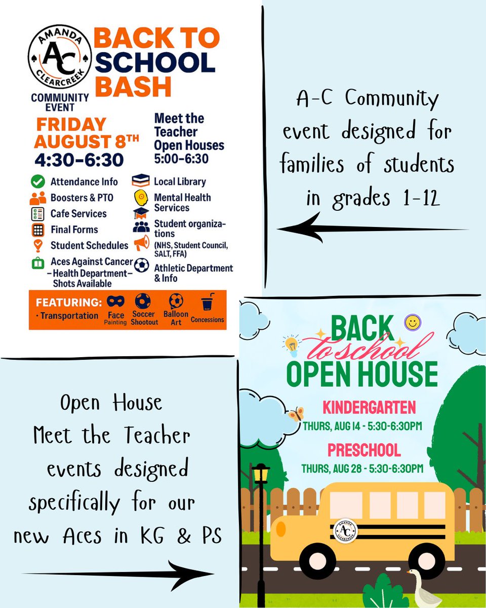 Please plan to join us for these upcoming back to school celebrations!  Please note the suitable grade levels for each event.  We look forward to seeing everyone in August!
amanda.k12.oh.us/~board/distric…