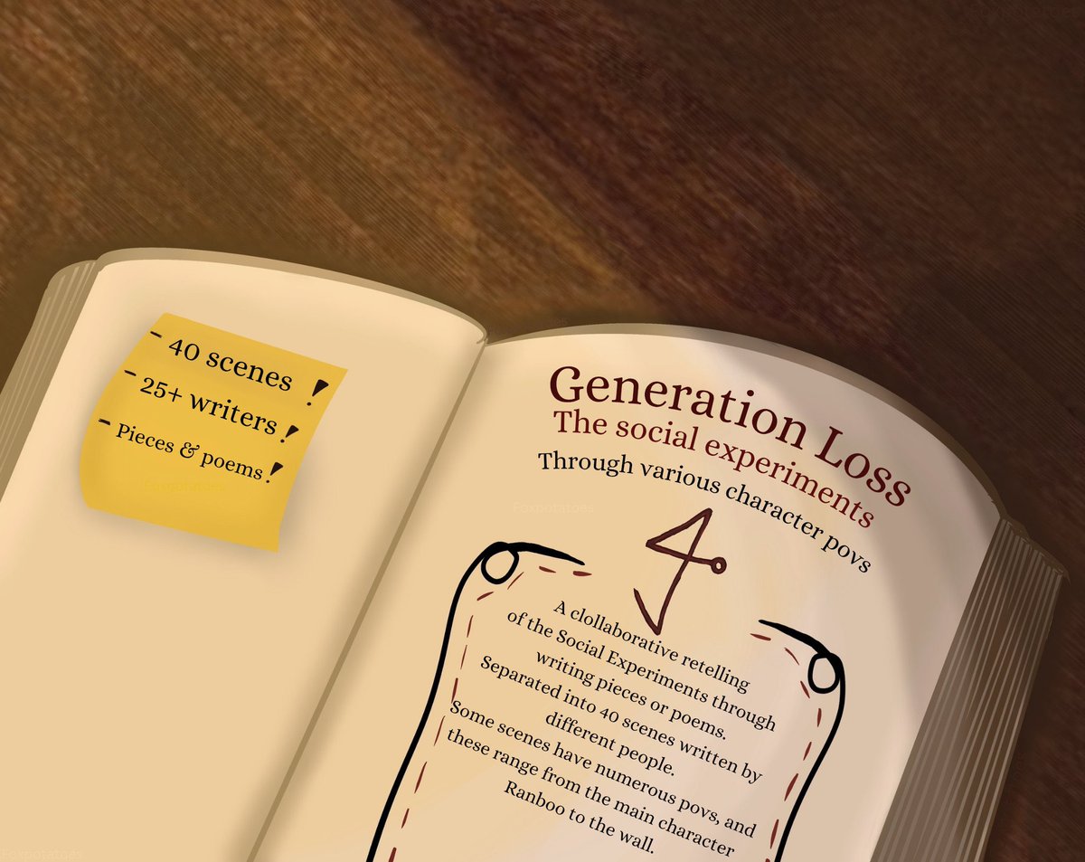 Leaflex_'s tweet image. COMING SOON: The Generation Loss Community Writing Project!
This project has been in the works for over a year, and dozens of the incredible writers in the community have been a part of it!
Each piece has a unique take on each scene, so look out! 👀
Poster by: @Fox_Potatoes1