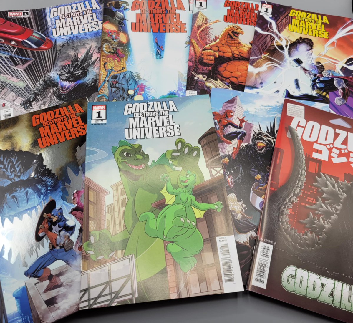 TohoKingdom's tweet image. "He's destroyed countless cities but starting today Godzilla Destroys The Marvel Universe! Avaliable at your local comic shop today! Tell us which of the multiple varient covers are you picking up? I'm partial to the foil and Hanna Barbara ones myself! - Noah." @MarvelComicsHQ
