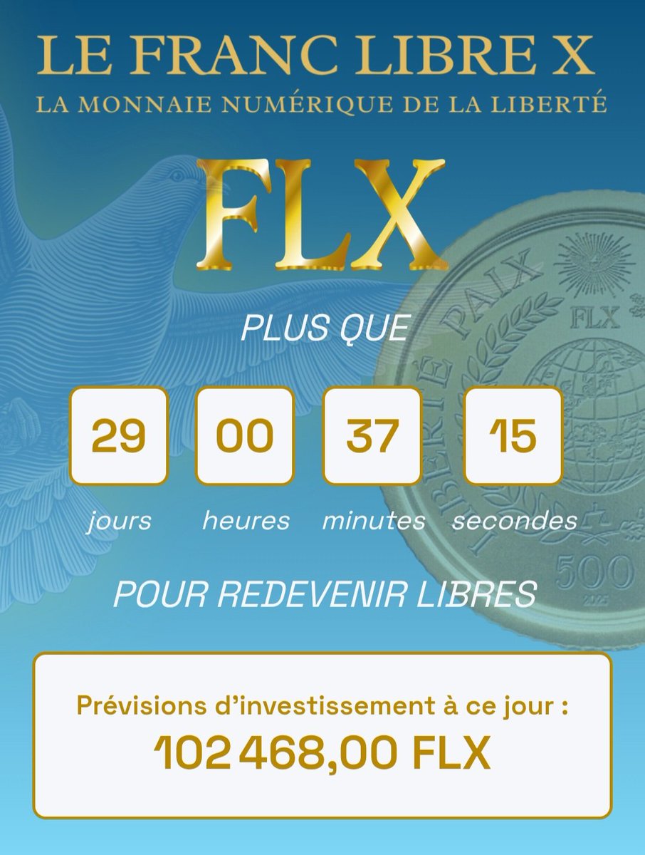 JuvingBrunet's tweet image. Préchauffage très encourageant du projet Franc Libre X - FLX. Une monnaie numérique pour la liberté des peuples du monde : plus de 100 000 CHF enregistrés en prévision d'investissement en 48h.
Les pré-commandes auront lieu dans 29 jours.
Pour découvrir le projet et ses…