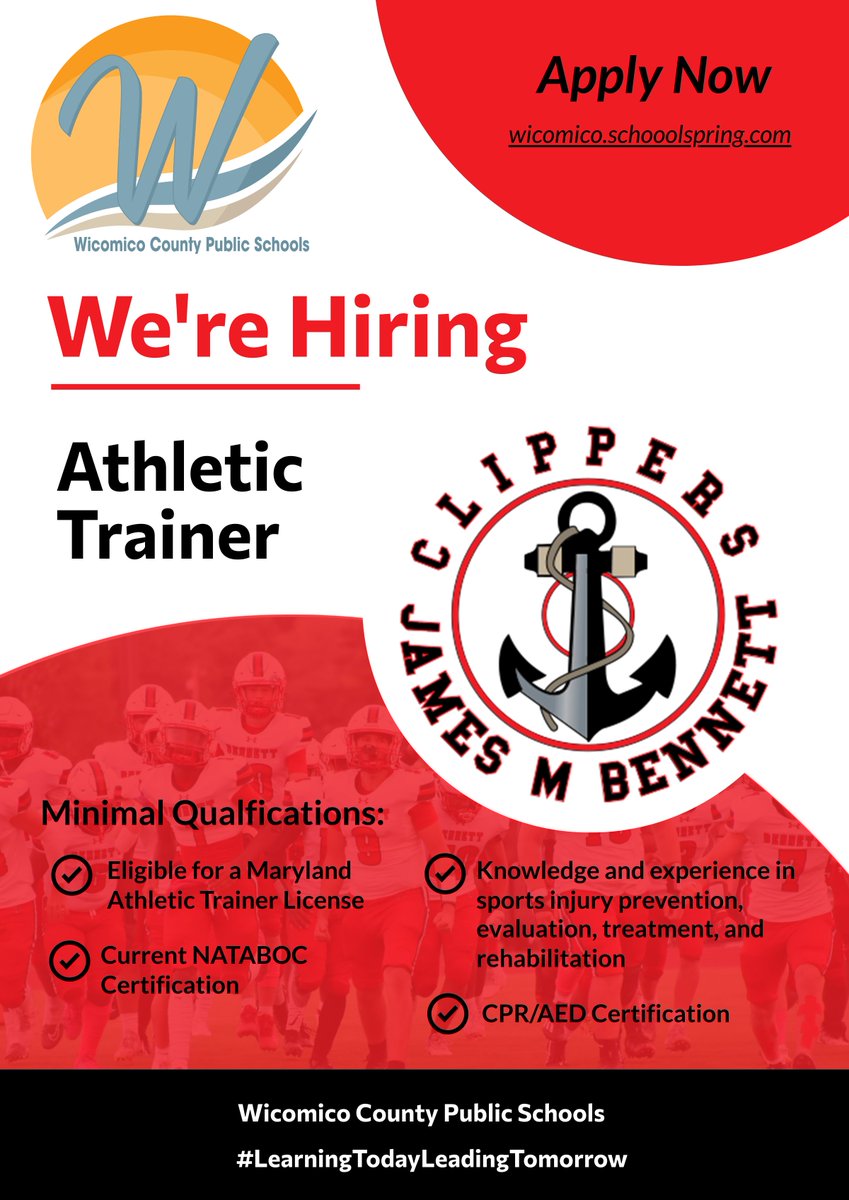 JOIN OUR TEAM! An Athletic Trainer position is open at James M. Bennett High School. 
Must be eligible for a Maryland Athletic Trainer license and have extensive knowledge of sports injury prevention, evaluation, treatment, and rehabilitation. 

Apply at wicomico.schoolspring.com