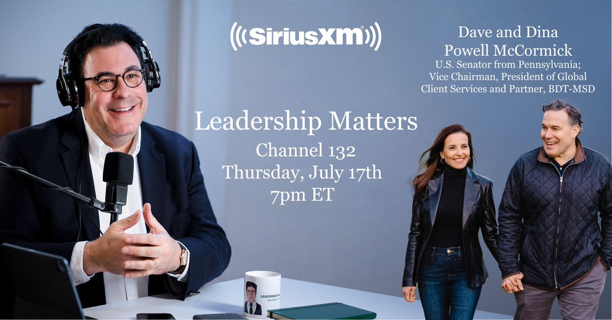 AHHFleischmann's tweet image. This week on #LeadershipMattersSXM on @SIRIUSXM, I am joined by dear friends @DaveMcCormickPA and @DinaPowellMcC to discuss their @nytimes bestseller, Who Believed in You.
This episode premieres today (7/17) at 7:00pm ET @SIRIUSXM Business Radio (Channel 132).…