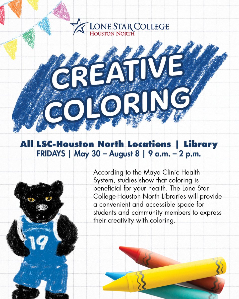 LSCHoustonNorth's tweet image. The Lone Star College-Houston North Libraries provide a convenient and accessible space for students and community members to express their creativity with coloring. Join us on Fridays during library operating hours until August 8.

9 a.m.–2 p.m.
All LSC-HN Locations