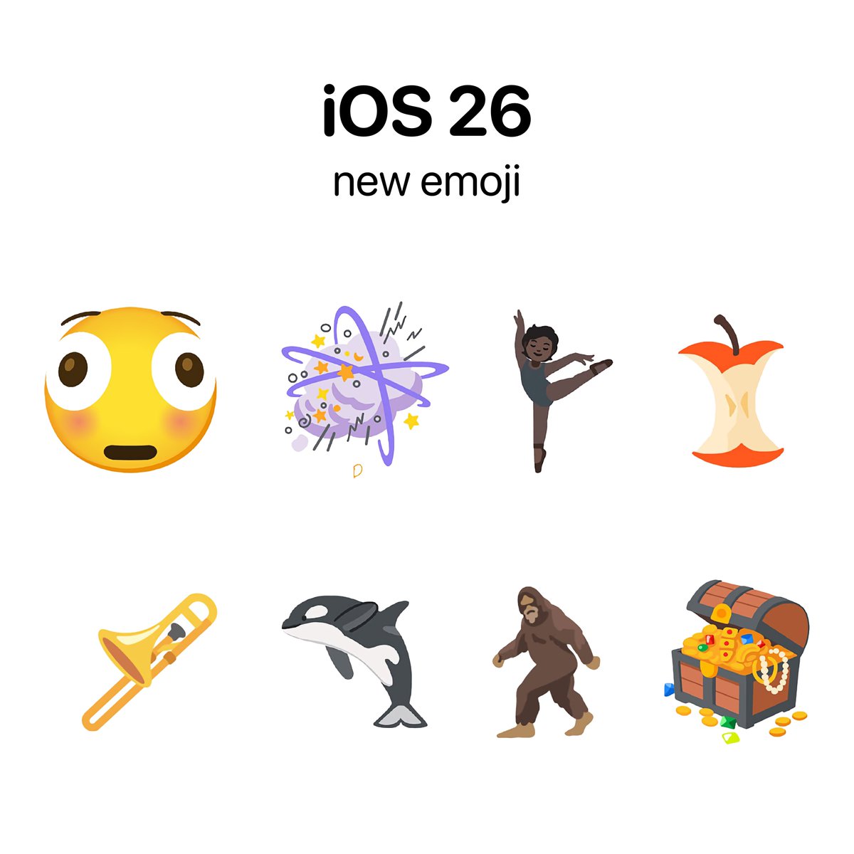 theapplehub's tweet image. These are the approved new emoji characters coming to iOS 26 next year 🚨
The new characters include: distorted face, fight cloud, ballet dancers, Apple core, trombone, orca, hairy creature, and treasure chest