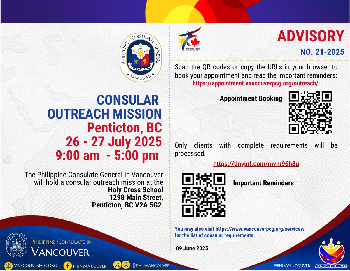 📣📢📌ADVISORY NO. 21-2025:  Consular Outreach Mission in Penticton, BC (26-27 July 2025)

For appointment booking:  appointment.vancouverpcg.org/outreach/