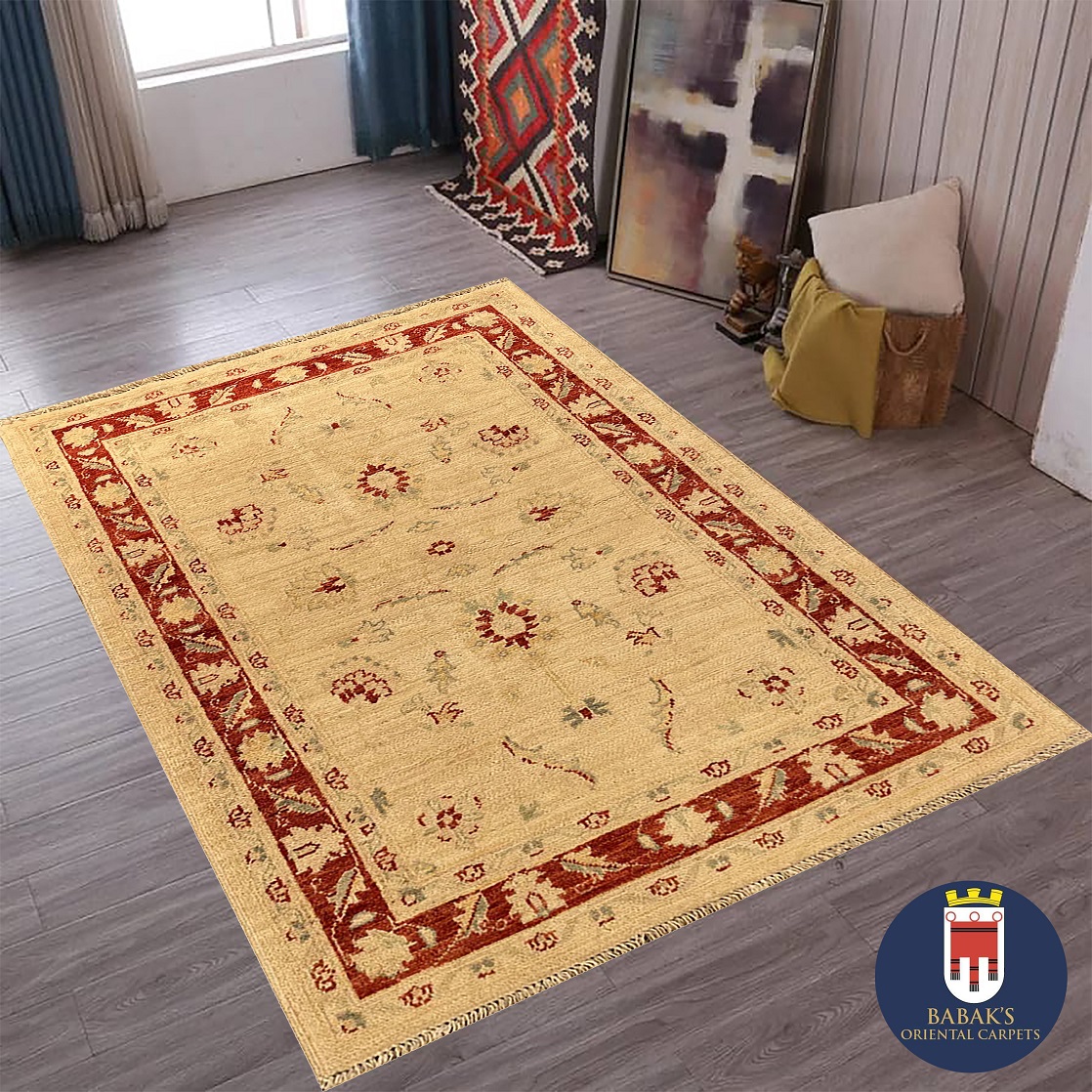 BabaksCarpets's tweet photo. Beautiful hand-knotted Chobi Ziegler rug, crafted by Afghan artisans using traditional techniques and all-natural dyes. Features a wool pile on a cotton base. Size: 4'11" x 2'9". One-of-a-kind and 100% handmade. Item#19217.  Price: $659. Contact: https://t.co/iz9FVpFHTW. https://t.co/KKVxg6FELS