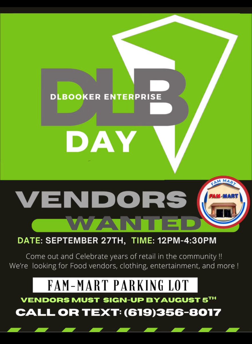 carand96's tweet photo. 🌟 Vendors Wanted! 🌟
Be part of the buzz at the DLBooker Day Celebration — a vibrant, family-friendly event packed with community spirit, fun, and style!

Limited vendor spots available — don’t miss out!
📩 SIGN UP NOW! CALL: (619) 356-8017
( last day for sign up 8/5/25) https://t.co/9bQcvbQARn