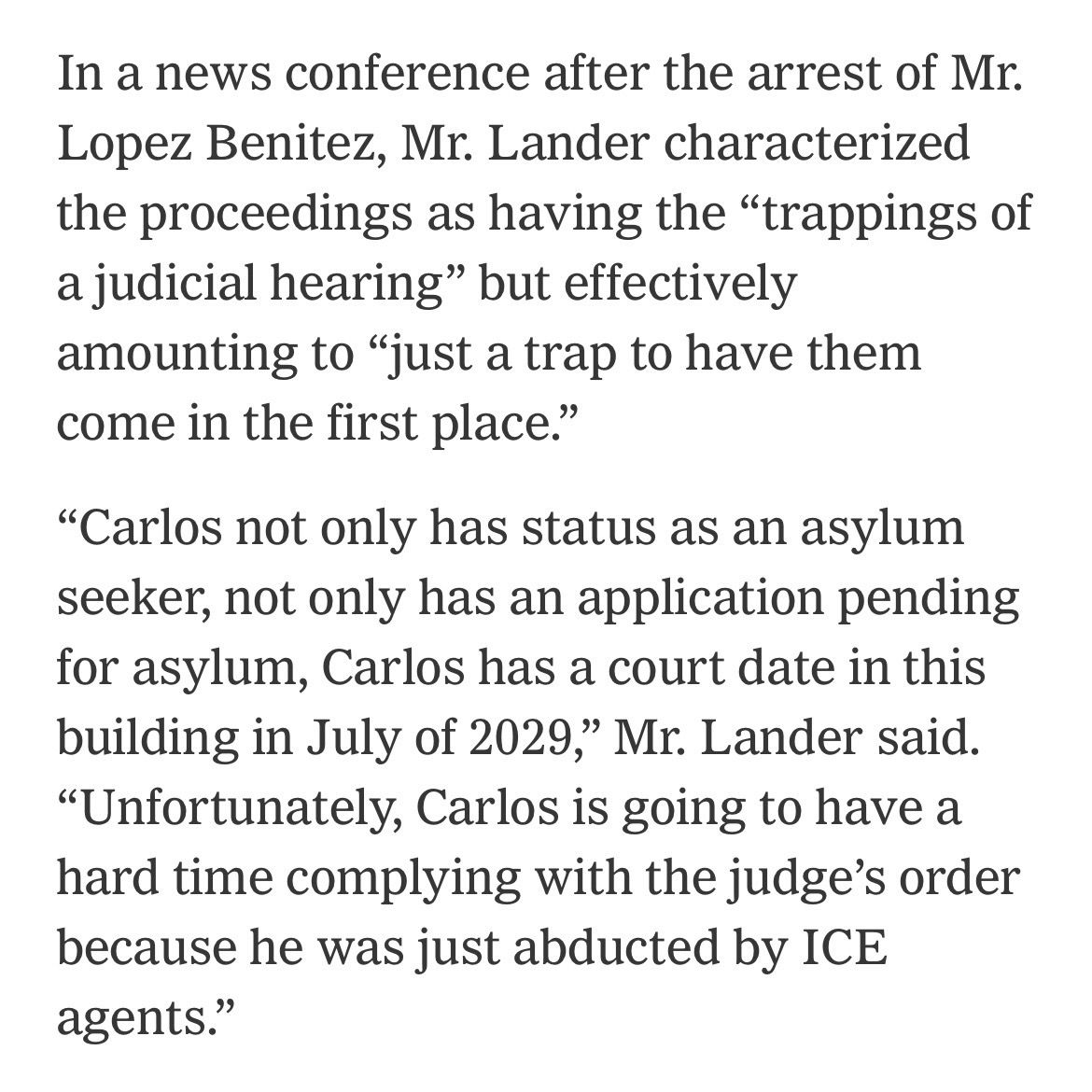 NYCComptroller's tweet image. Yesterday I tried to escort Carlos, an asylum seeker from Paraguay, out of court after his asylum application hearing. But ICE agents were waiting. They clawed him away.
This wasn't a judicial hearing. It was a trap. nytimes.com/2025/07/16/nyr…