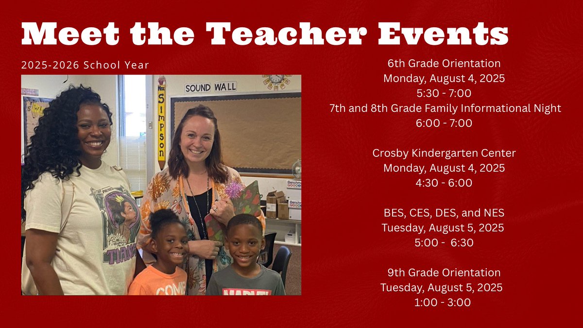 CrosbyISD's tweet image. 📣 Meet the Teacher events are now scheduled!
Check below for details specific to your student’s campus. We can’t wait to welcome our families and kick off a great year! 🎒🍎