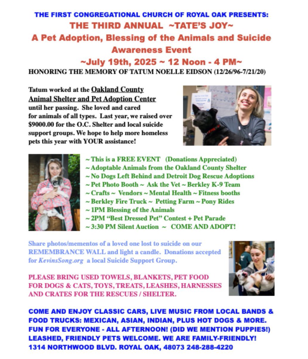We’ll be at the First Congregational Church of Royal Oak this Sat, 7/19 from 12-4PM for Tate’s Joy!

This FREE event will have adoptable pets, a petting zoo, crafts, live music, mental health resources and more! It’s a fun time for the whole family!

We hope to see you there!