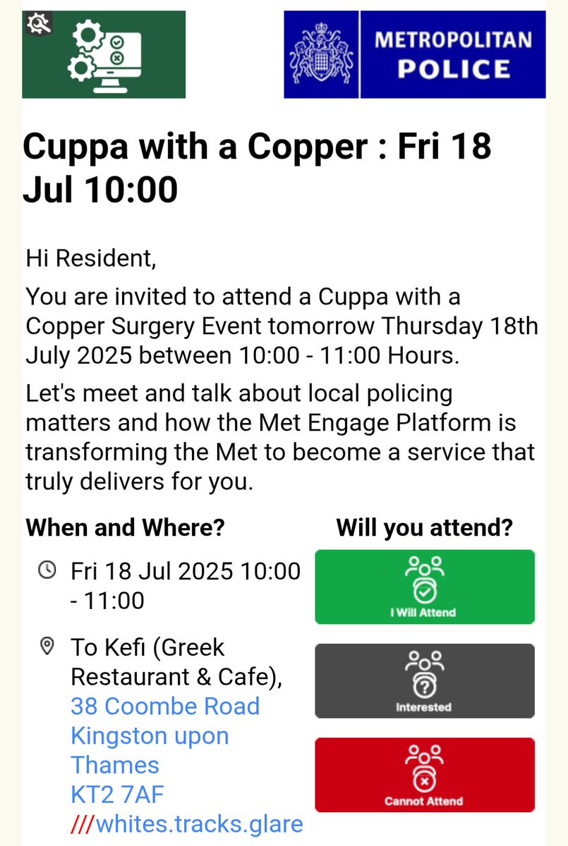 Join @MPSNorbiton for their regular 'cuppa with a copper' session tomorrow, Friday 18 July from 10-11am at To Kefi in Norbiton.