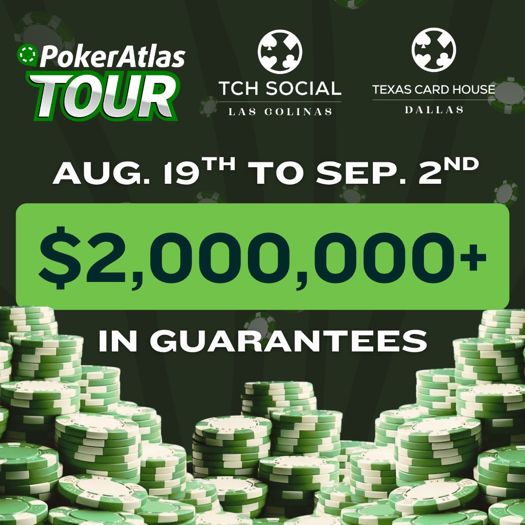 PokerAtlasTour's tweet image. 🎉 The @PokerAtlas Tour is back in Texas! 🎉 Join us for the 3rd Annual Stop at @texascardhouse1 & @tchsociallascolinas — it’s bigger than ever! 💥 🗓 August 19 – September 2
💰 $2,000,000+ Guaranteed
🏆 18 Trophy Events + 1 Leaderboard Champion
👑 Title Event winner earns a…