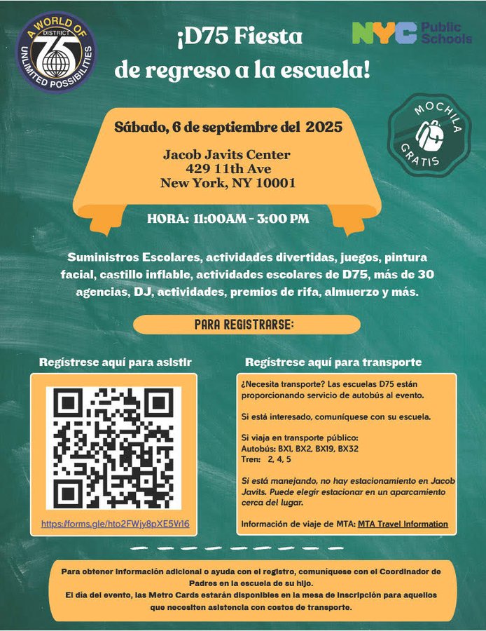 RFK_Center's tweet image. Get ready for the @NYCSchools @D75Office Back to School Bash on Saturday September 6th @javitscenter. Enjoy school supplies, activities, games, face painting, and more. Free backpack giveaway!
#District75 #BackToSchoolBash #NYC #NYCSchools
@DOEChancellor @javitscenter @nycgov